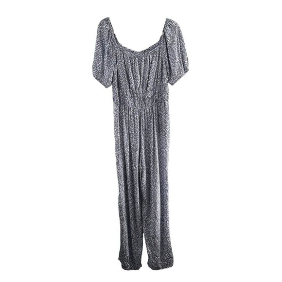 Sincerely Jules Pants - Sincerely Jules Womens Blue Leaf Print Rayon Smocked Off-Shoulder Jumpsuit Large